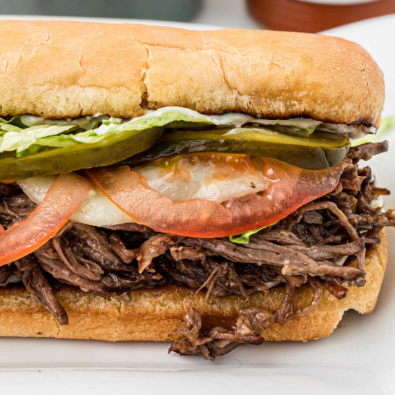 CLose up of a traditional Louisiana Roast Beef Po Boy.