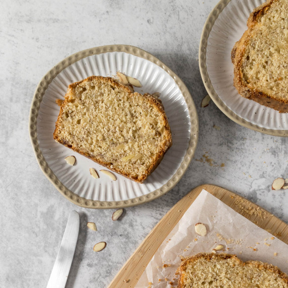 Slice of banana bread on a plate.