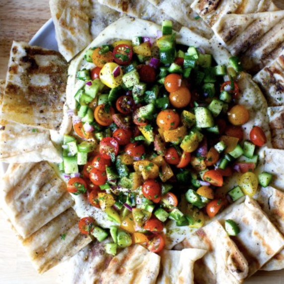 Hummus Heaped with Tomatoes and Cucumbers