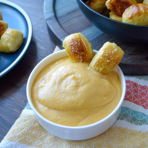 Beer Cheese with Soft Pretzel Bites and a beer