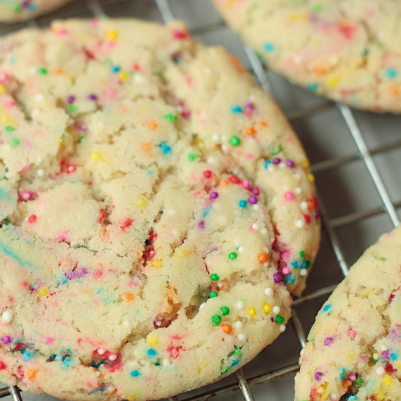 finished vegan funfetti sugar cookies on cooling rack