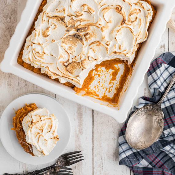 A dish with sweet potato fluff, served.
