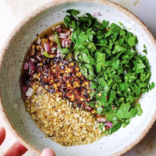 Thai Chili Dipping Sauce with  in a stoneware bowl