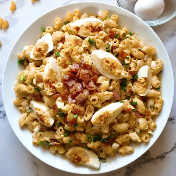 Deviled Egg Macaroni Salad with Bacon Recipe in a large white plate.