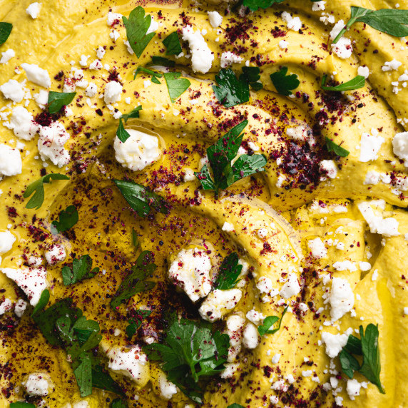 turmeric baba ganoush with crumbled feta and sumac 