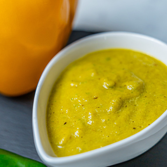 aji amarillo paste substitute in small bowl made out of yellow bell pepper and serrano peppers