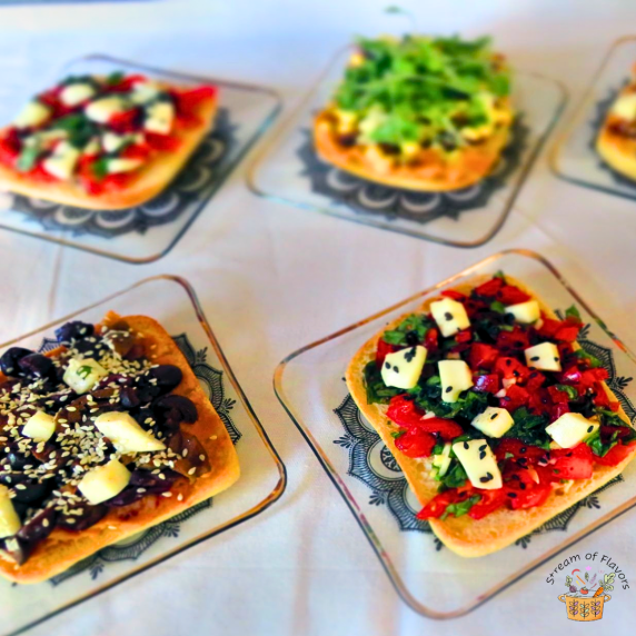 Unique Bruschetta Recipes with hummus and olive, roasted pepper and corn, and tomato and basil