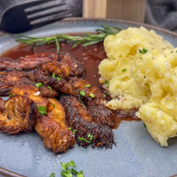 Vegan Pan Fried Lions Mane Mushrooms with Red Wine Jus and Mustard Mashed Potatoes
