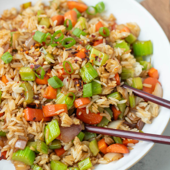 finished vegan fried rice in a white bowl