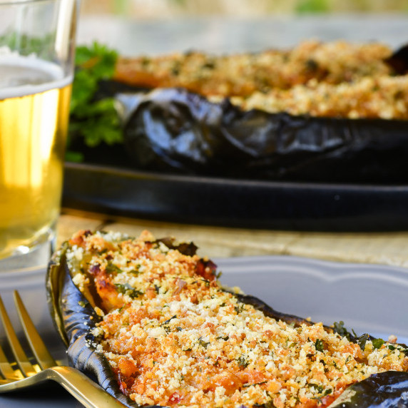 Berenjenas rellenas de rape y gambas