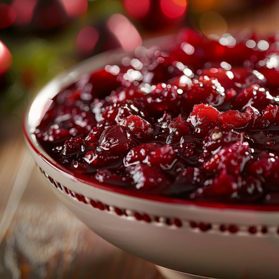 A festive bowl of cranberry sauce made with fresh crans in a holiday background