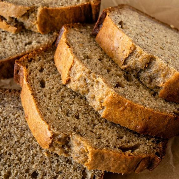 slices of banana bread on a tray.