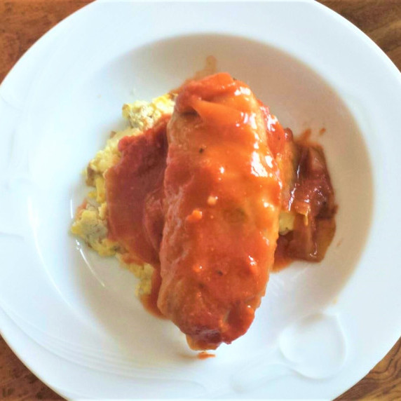 cabbage rolls over mashed potatoes