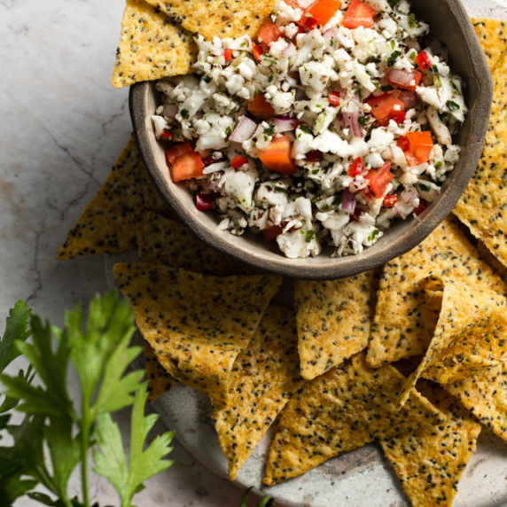 Vegan Cauliflower Ceviche arranged in an aesthetic flatlay