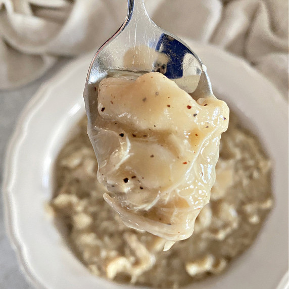 Spoonful of chicken and dumplings.