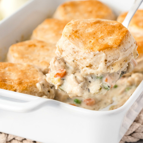 Chicken pot pie casserole in a baking dish.