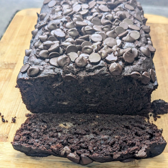 Double chocolate banana bread sliced open.
