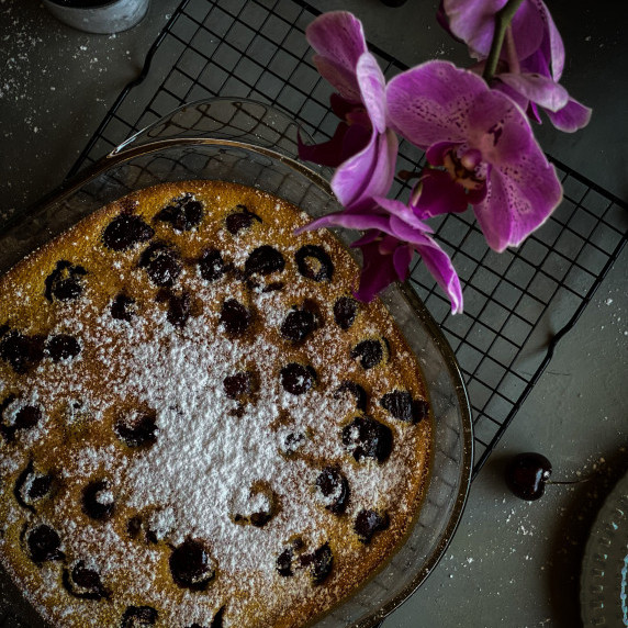 Clafoutis served on a grey board