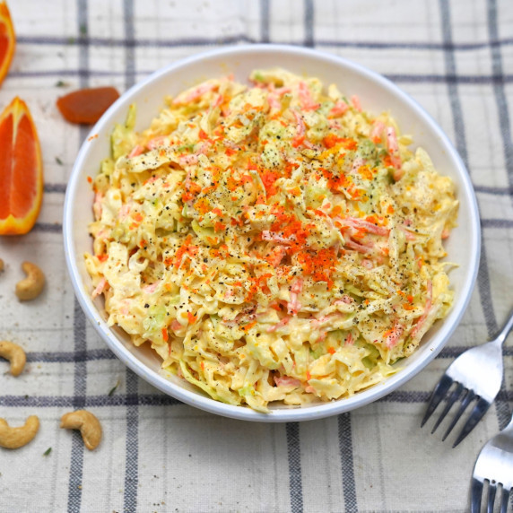 coleslaw in a white bowl