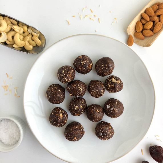 chocolate espresso energy bites on a white plate