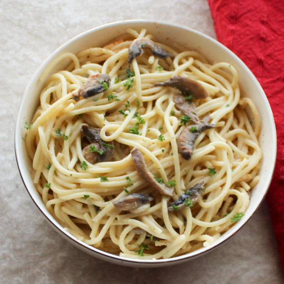 creamy mushroom pasta in a bowl