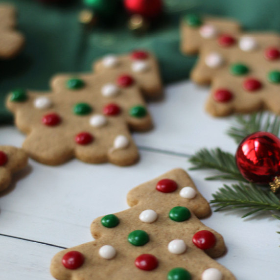 Christmas tree cookies with red, white and green dots.