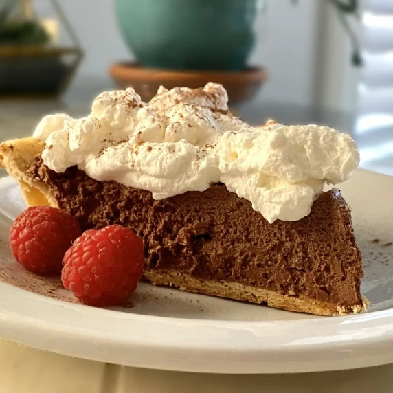 piece of chocolate French silk pie with whipped cream and raspberries.
