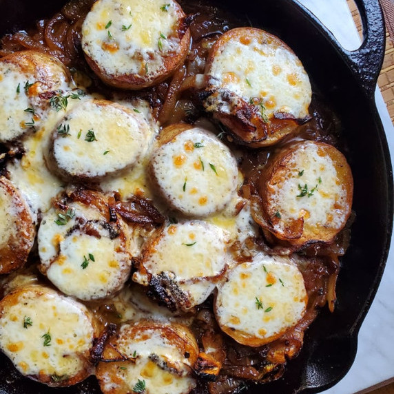 Caramelized onions, melty cheese, and smooth, velvety fondant potatoes. A divine combination.
