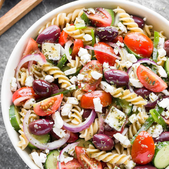 A bowl of Greek Pasta salad.