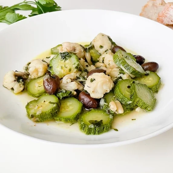 Monkfish fillet with zucchini in plate