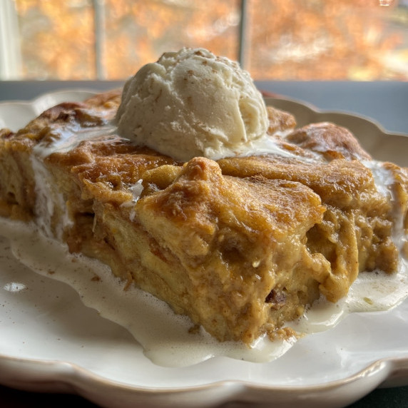 a scoop of vanilla ice cream slowly melts atop a slice of pumpkin brioche bread pudding