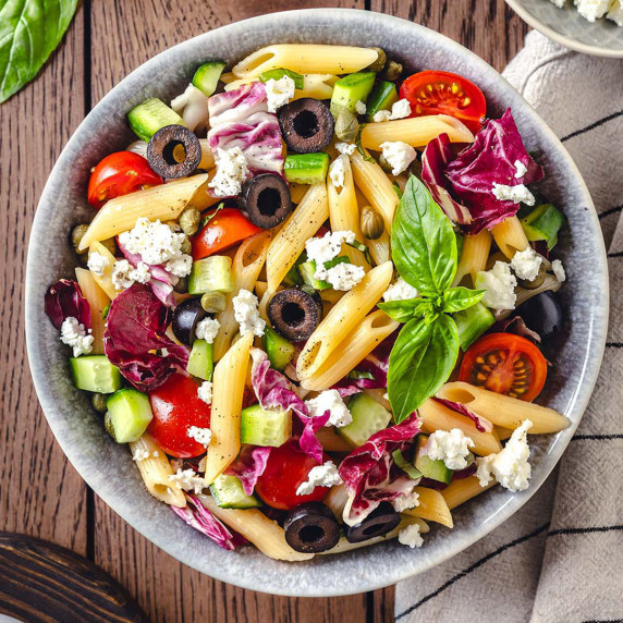 Sicilian pasta salad in a serving bowl