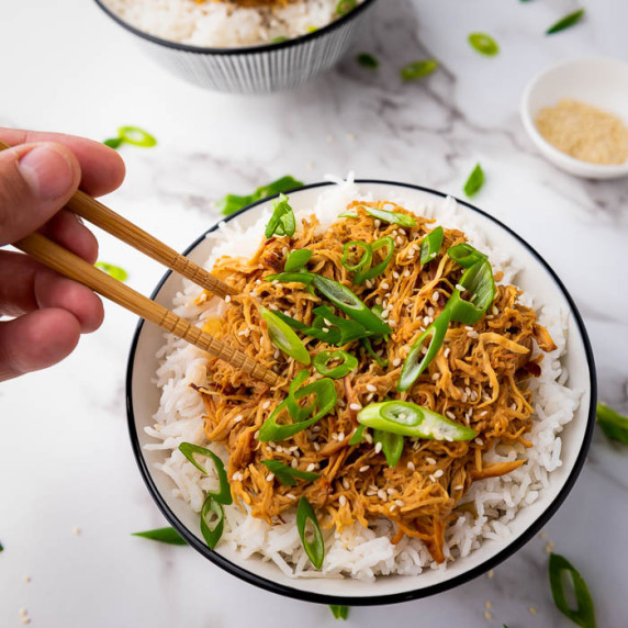 Side angeld shot of shredded chicken over rice garnished with scallions and sesame seeds.