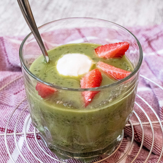 Green chia seed pudding in glass