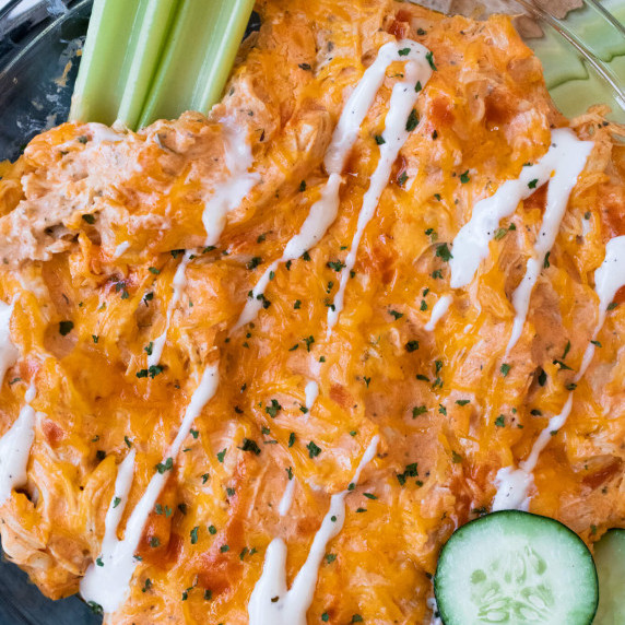 healthy buffalo chicken dip with greek yogurt in bowl