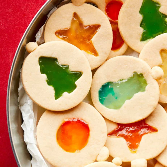 Close up plate of stained glass cookies.