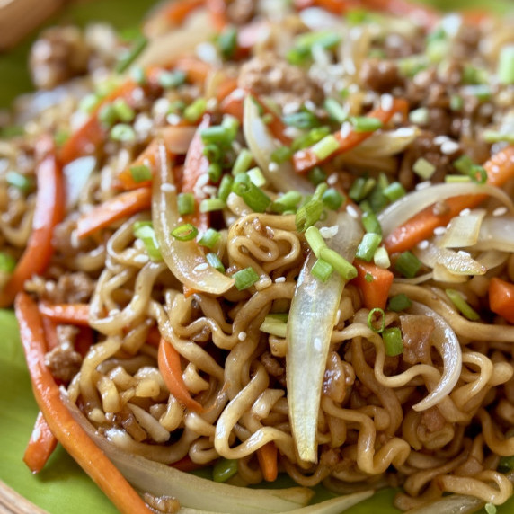 Close-up of instant ramen stir-fry.