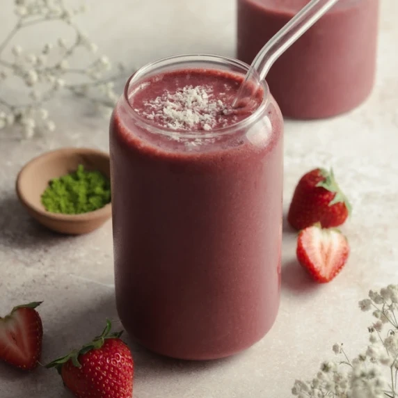 Strawberry Matcha Smoothie With Banana in a cup with straw with a strawberries and matcha on side