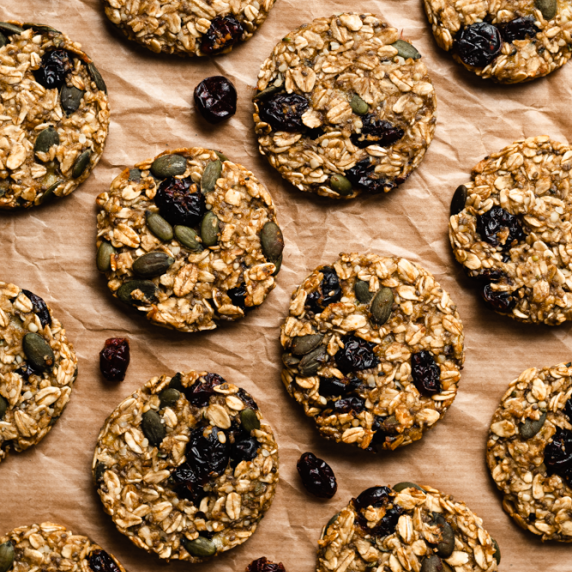 Breakfast cookies arranged in an aesthetic brown paper