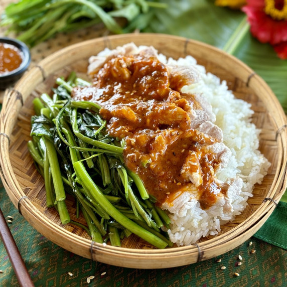 Thai swimming rama with morning glory, peanut sauce, and jasmine rice.