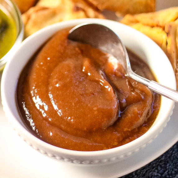 overhead shot of a bowl of tamarind chutney.