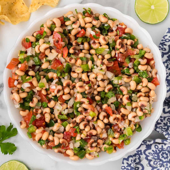 Texas caviar in a white serving bowl.