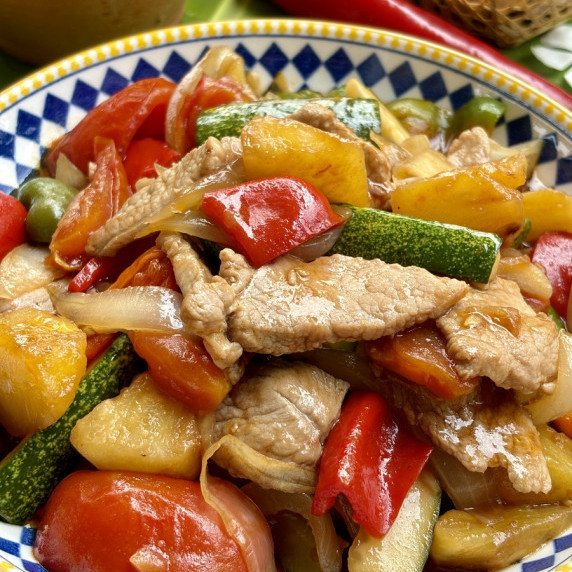 Close-up of sweet and sour pork stir fry.
