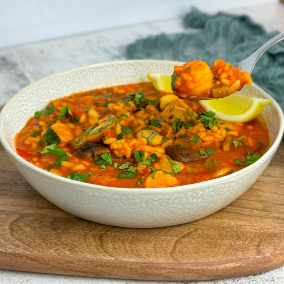 Vegan Arroz de Marisco in white bowl