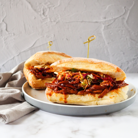 Korean spicy BBQ vegan pulled pork sandwich 