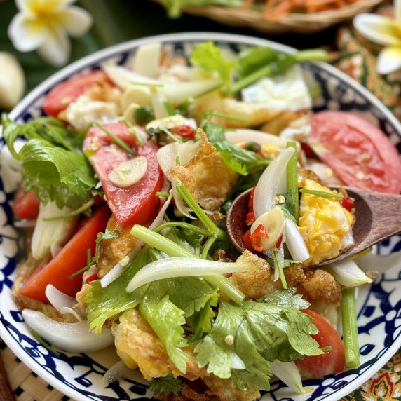 Yum kai dao, Thai fried egg salad, with colorful vegetables served in a patterned dish.